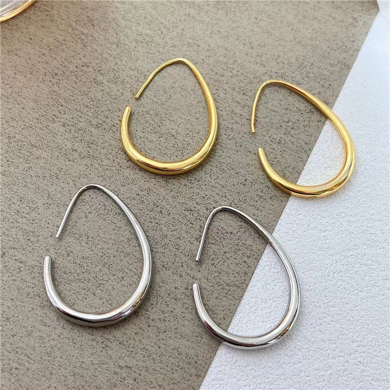 Teardrop Hoop Earrings for Women, Open Alloy Design with Thin Rounded Profile, Gold or Silver Tone - Product view 1