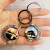 Kaaba Image Keychain, Alloy Crescent Frame with Rotating Center, 2 Designs, 9.5cm Long