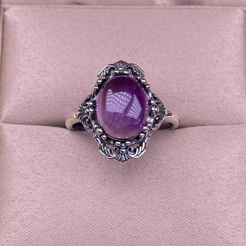 Purple Oval Cabochon Ring, Copper with Ornate Antique Silver-Tone Setting, Adjustable