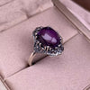 Purple Oval Cabochon Ring, Copper with Ornate Antique Silver-Tone Setting, Adjustable