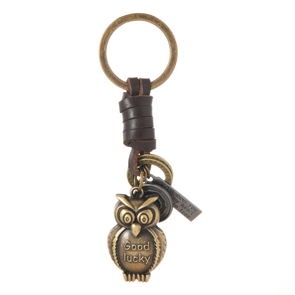 Vintage Charm Keychain, Antique Bronze-Tone Alloy with Leather Strap, 10 Designs
