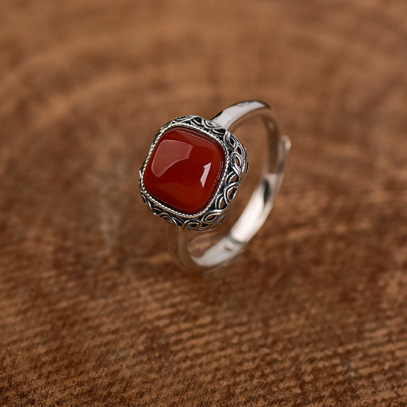 Vintage-Style Ring for Women, Rounded Red Accent with Ornate Silver-Tone Setting