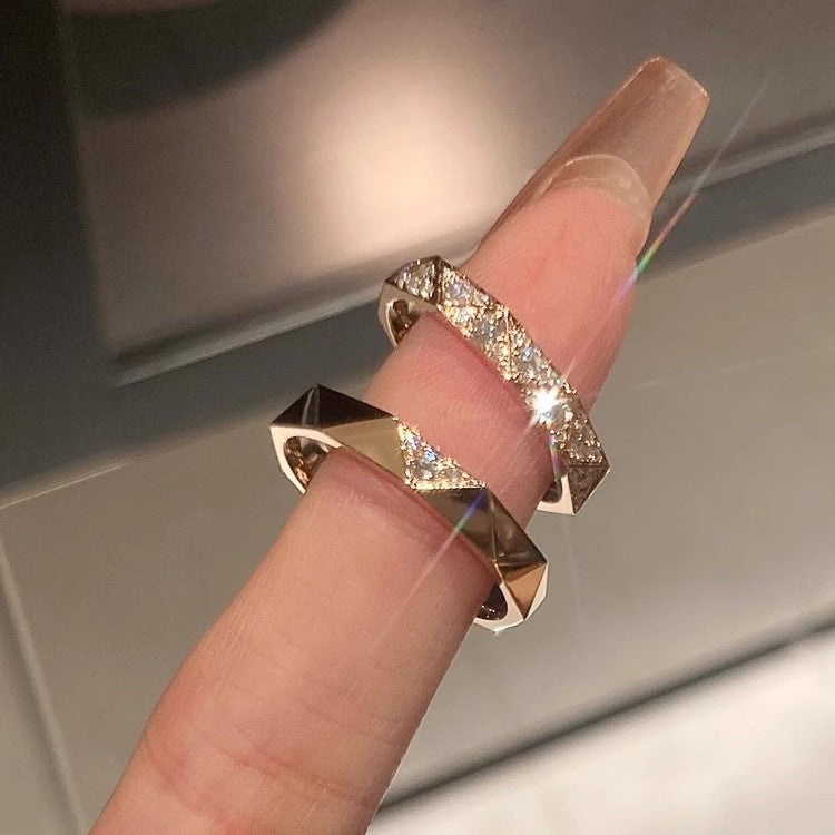 Geometric Ring, Gold-Tone Copper with Clear Accents, V-Notch or Textured Band, Adjustable