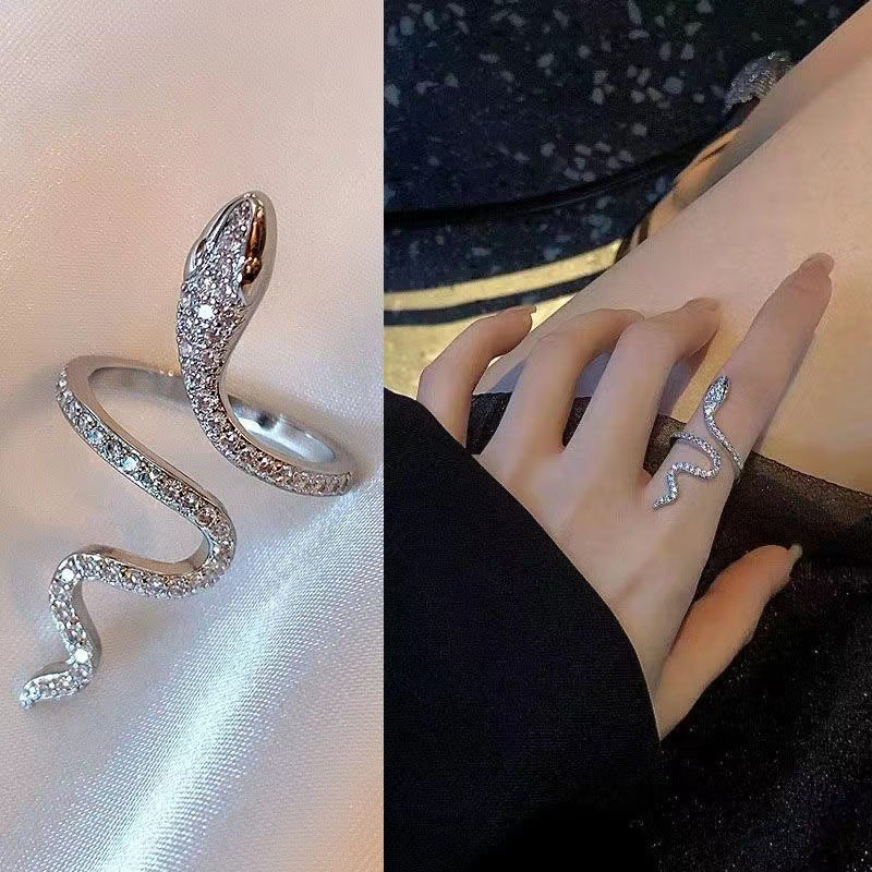 Snake Ring, Silver-Tone Alloy with Clear Accents, Winding Open Design