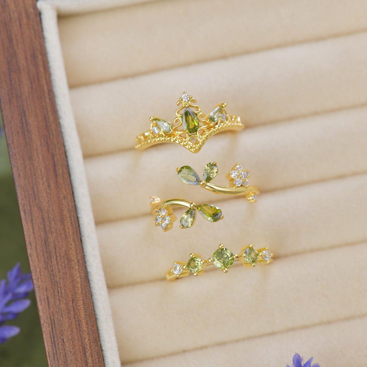 Olive Green Accent Ring, Gold-Tone Metal with Leaf, Three-Stone or Teardrop Design, Adjustable Open Band