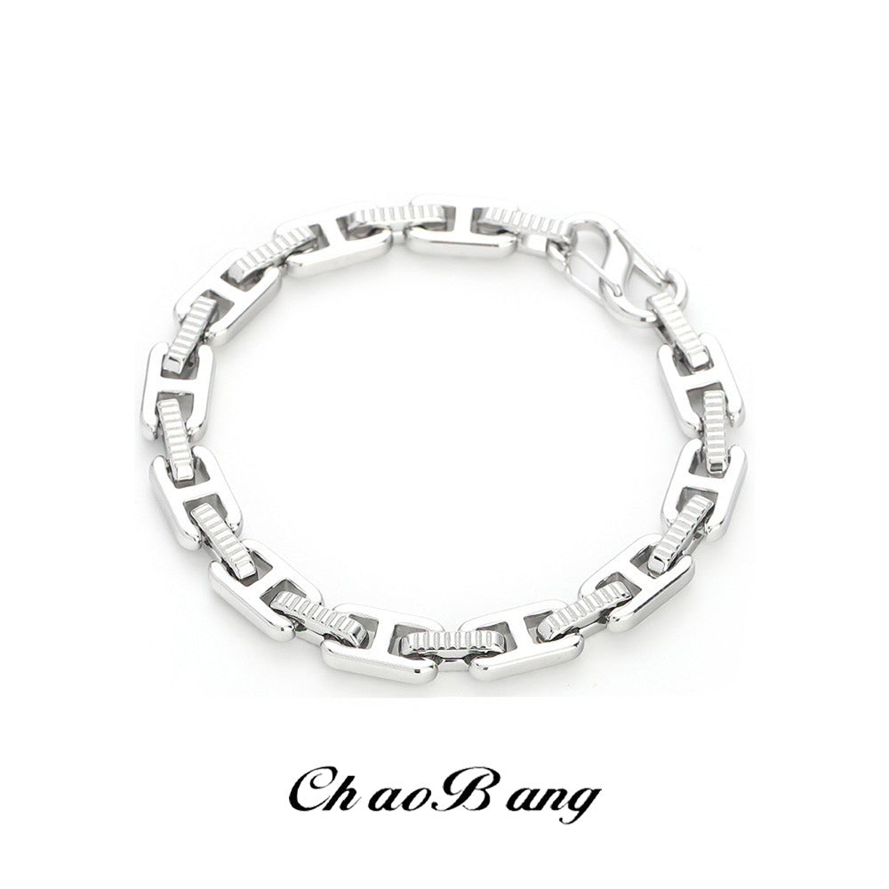 Tooth-Pattern Bracelet, Polished Titanium Steel Band with Geometric H-Link Design - Product view 1