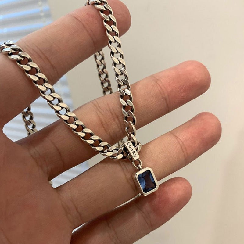 Blue Square Pendant Necklace, Silver-Tone Copper Frame with Geometric Blue Accent - Product view 1