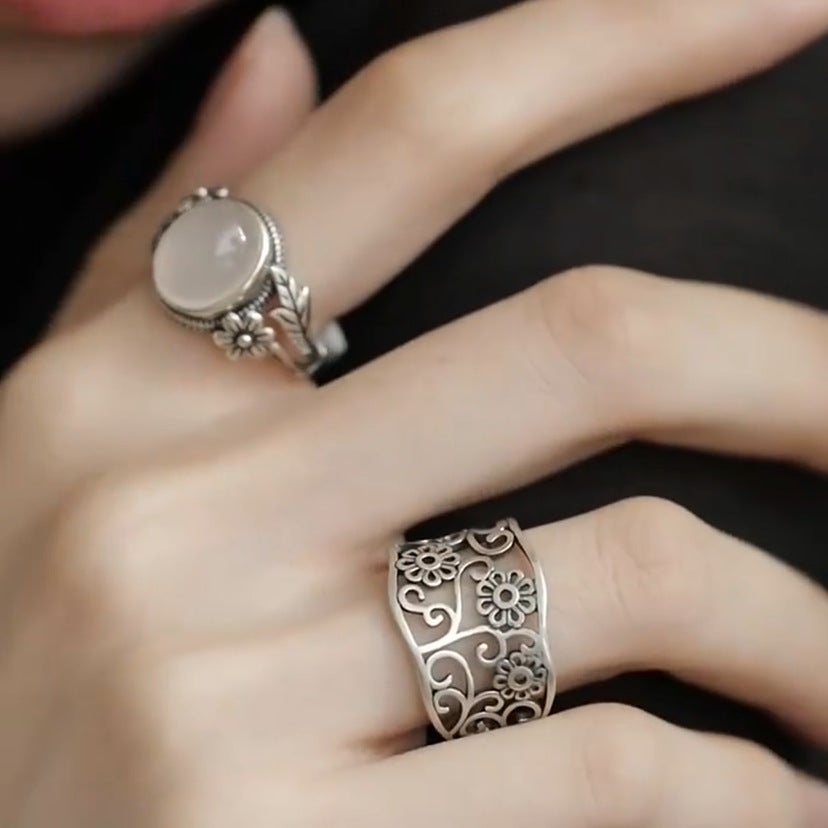 Floral Ring, Silver-Plated Copper with Textured Pattern or Raised Flower, Adjustable Open Band