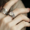 Floral Ring, Silver-Plated Copper with Textured Pattern or Raised Flower, Adjustable Open Band