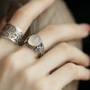 Floral Ring, Silver-Plated Copper with Textured Pattern or Raised Flower, Adjustable Open Band