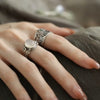 Floral Ring, Silver-Plated Copper with Textured Pattern or Raised Flower, Adjustable Open Band