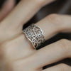 Floral Ring, Silver-Plated Copper with Textured Pattern or Raised Flower, Adjustable Open Band