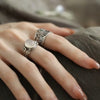Floral Ring, Silver-Plated Copper with Textured Pattern or Raised Flower, Adjustable Open Band