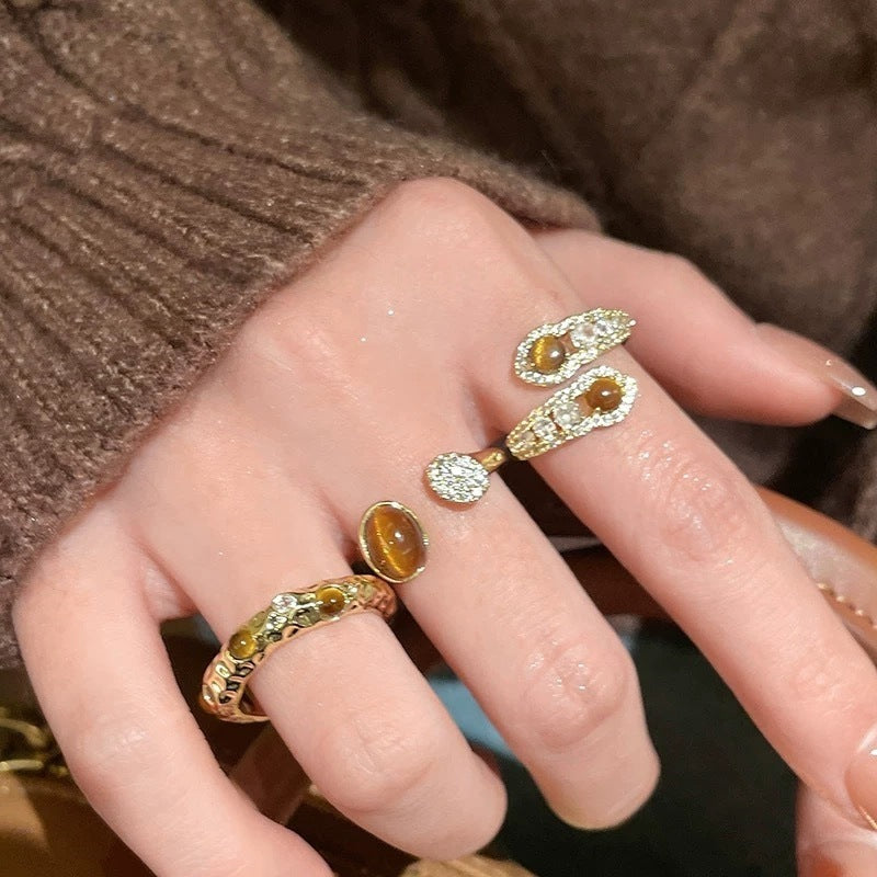 Open Rings, Gold-Tone Alloy with Brown and Clear Accents, Snake and Round Designs