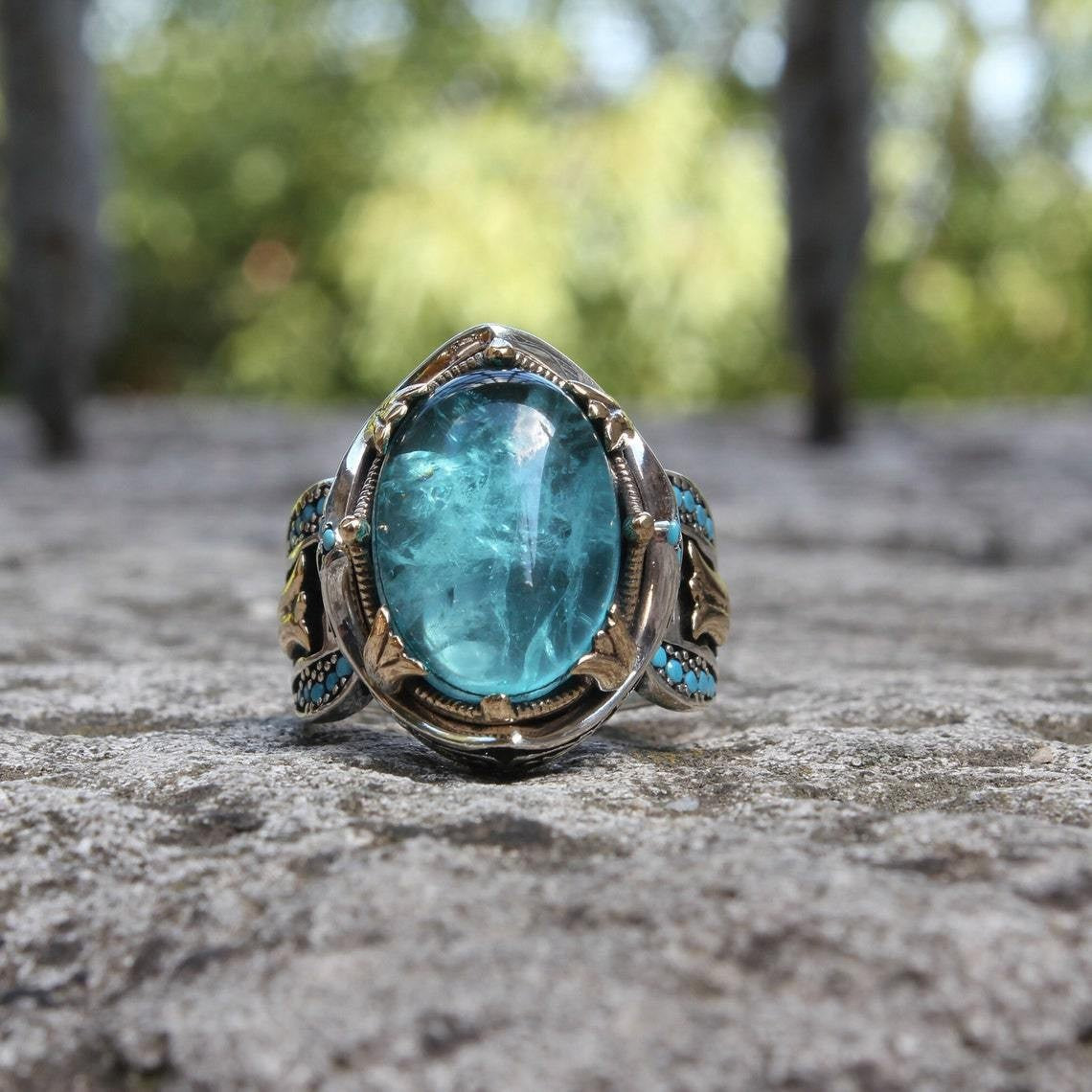 Blue Oval Cabochon Ring, Two-Tone Alloy with Ornate Shoulders, Sizes 6-13