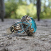 Blue Oval Cabochon Ring, Two-Tone Alloy with Ornate Shoulders, Sizes 6-13