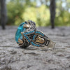 Blue Oval Cabochon Ring, Two-Tone Alloy with Ornate Shoulders, Sizes 6-13