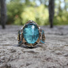 Blue Oval Cabochon Ring, Two-Tone Alloy with Ornate Shoulders, Sizes 6-13
