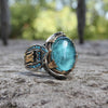 Blue Oval Cabochon Ring, Two-Tone Alloy with Ornate Shoulders, Sizes 6-13