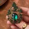 Vintage Flower Brooch Pin for Women, Antique Gold-Tone Zinc Alloy Design with Green Accents - Product view 2