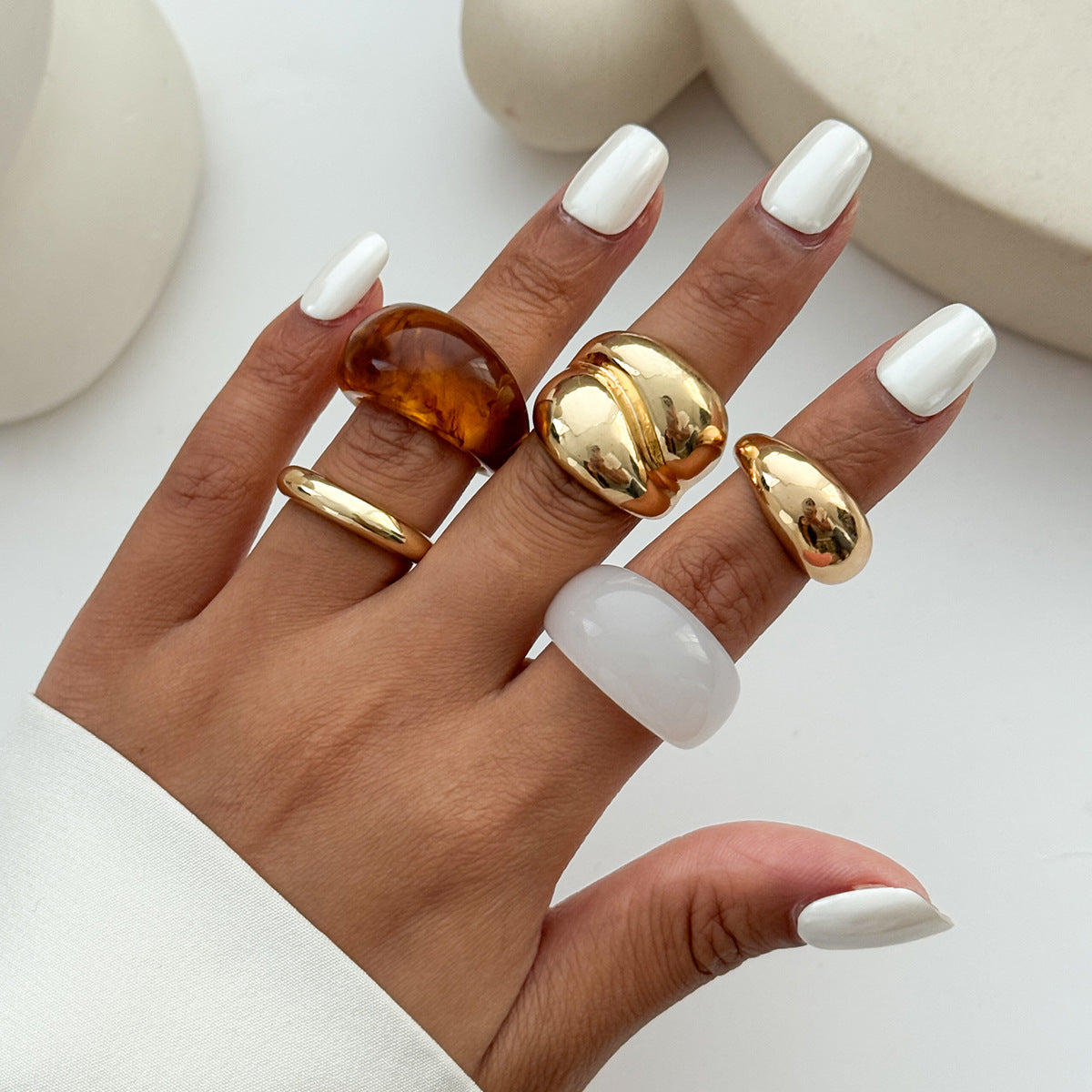 Mixed-Style Ring Set, Alloy with Gold-Tone and Colored Designs, 4 or 5 Pieces