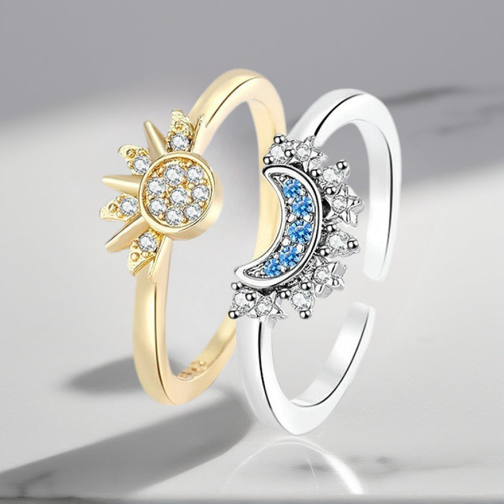 Sun and Moon Rings, Copper with Clear and Blue Accents, Adjustable Bands, Single Ring or Pair