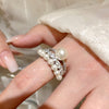 Layered Crown Ring, Silver-Tone Alloy with Faux Pearls and Clear Accents, Adjustable