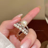 Layered Crown Ring, Silver-Tone Alloy with Faux Pearls and Clear Accents, Adjustable