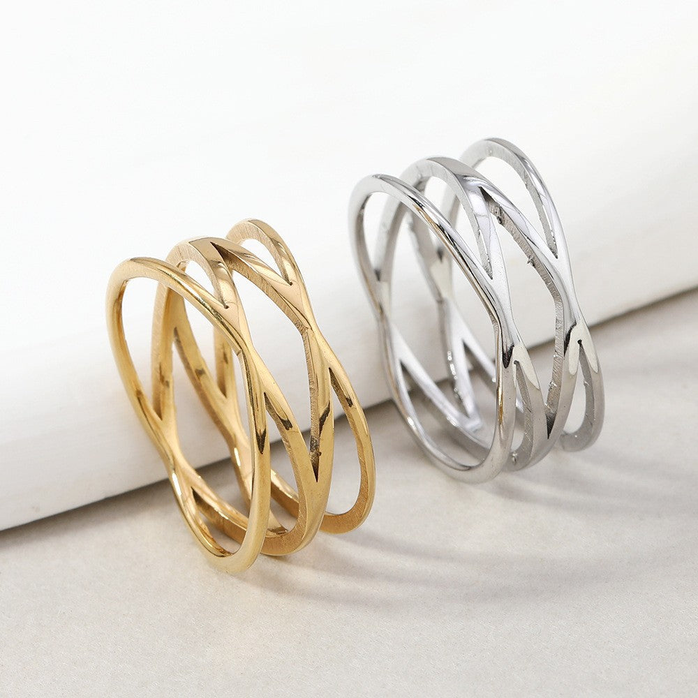 Cross-Line Ring for Women, Openwork Stainless Steel Band in Gold or Steel Tone, Sizes 6-9 - Product view 1