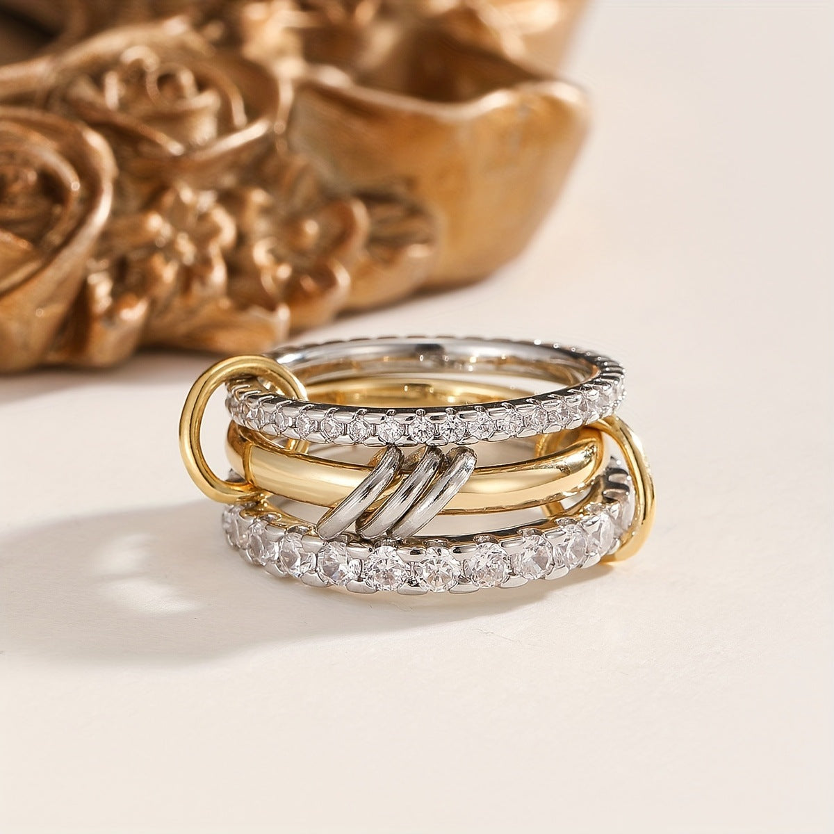 Linked Band Ring, Copper with Clear Accents, Gold-Tone or Two-Tone, 5 Designs, Sizes 5-12