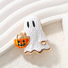 Halloween Ghost Brooch Pin, White Enamel Zinc Alloy Cartoon Design with Pumpkin Detail - Product view 1