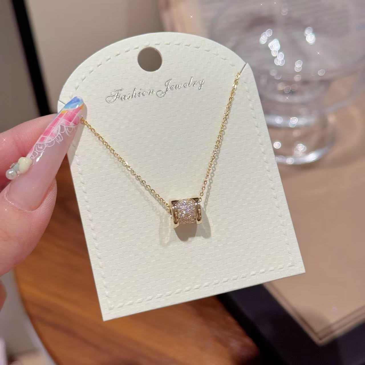 Geometric Pendant Necklace for Women, Brass Chain with Sparkling Zircon Accents, Gold or Rose Gold Tone - Product view 1
