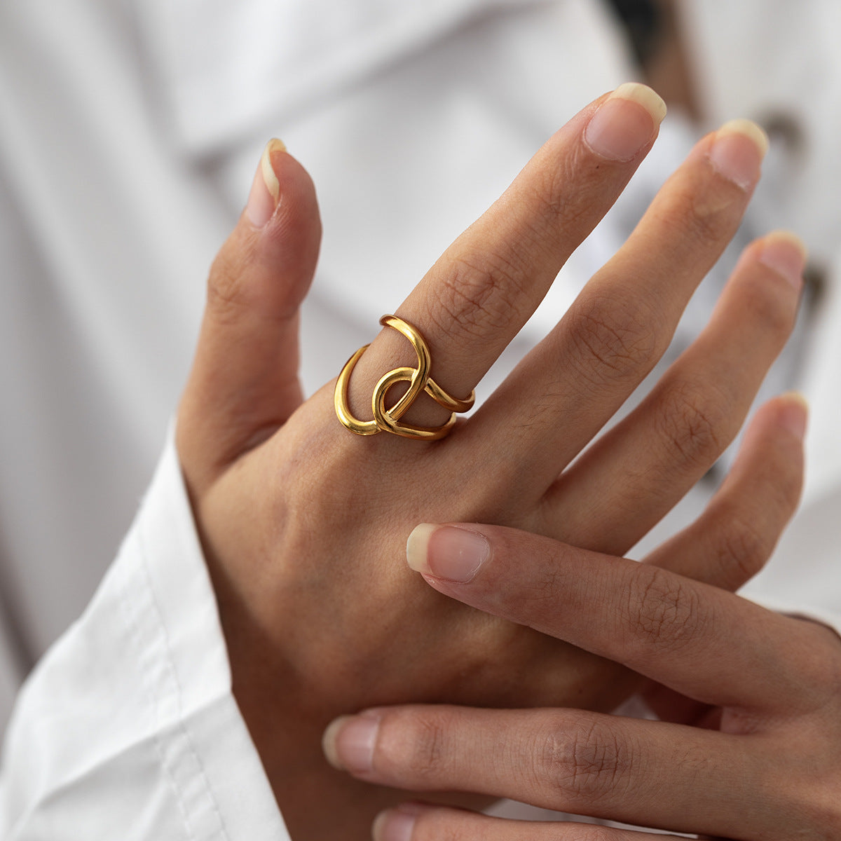 Curved Openwork Ring, Stainless Steel with Adjustable Opening, Gold-Tone or Silver-Tone