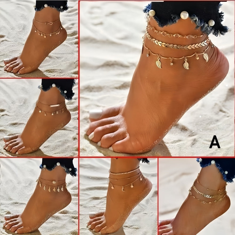 Layered Anklets for Women, Alloy Chains with Star and Sparkling Charm Details, Six Design Options - Product view 1