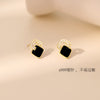 Rhombus Stud Earrings for Women, Copper Design with Black or Red Geometric Accents - S999 sterling silver needle black Rhombus stud earrings 0093