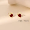 Rhombus Stud Earrings for Women, Copper Design with Black or Red Geometric Accents - S999 sterling silver needle red Rhombus earrings 0093