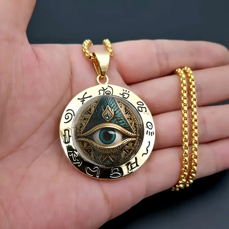 Eye Pendant Necklace, Gold-Tone Zinc Alloy Openwork Design with Round Ornamental Frame - Gold