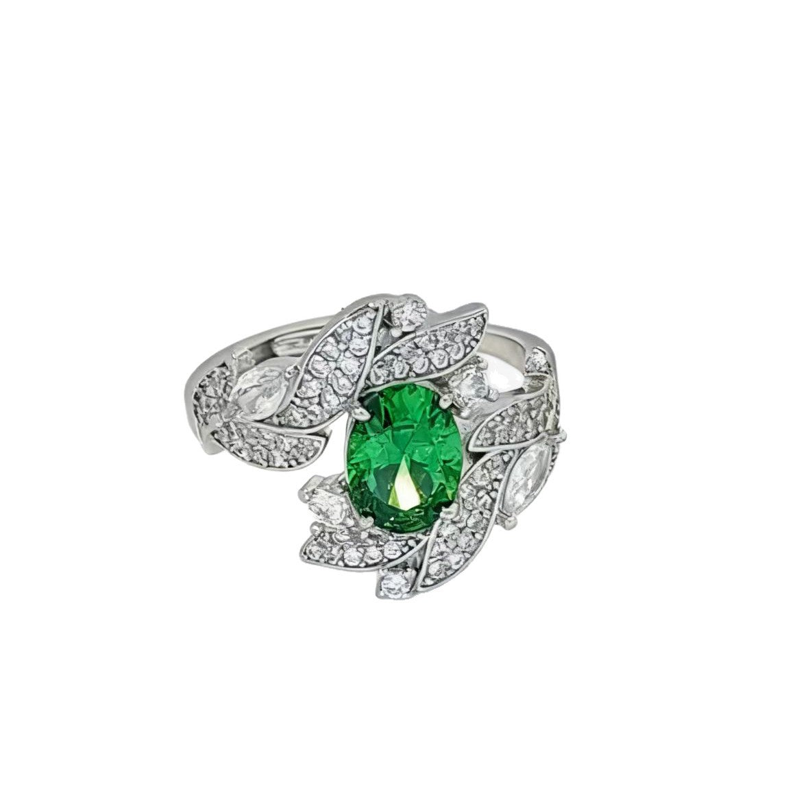 Green Oval Synthetic Gemstone Ring, Silver-Tone Setting, Adjustable, 10 Designs