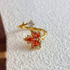 Red Maple Leaf Ring, Gold-Tone Alloy with Colored Leaves, Adjustable Open Band
