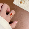 Red Maple Leaf Ring, Gold-Tone Alloy with Colored Leaves, Adjustable Open Band
