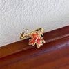 Red Maple Leaf Ring, Gold-Tone Alloy with Colored Leaves, Adjustable Open Band