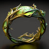 Leaf Vine Band Ring, Gold-Plated Copper with Green Leaf Details, Sizes 6-10