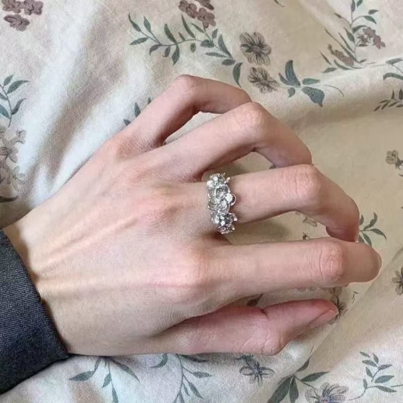 Floral Open Ring, Silver-Tone Metal with Textured Petals and Leaves, Adjustable