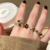 Antique Gold-Tone Open Ring for Women, Brown Oval and Clear Accent Designs