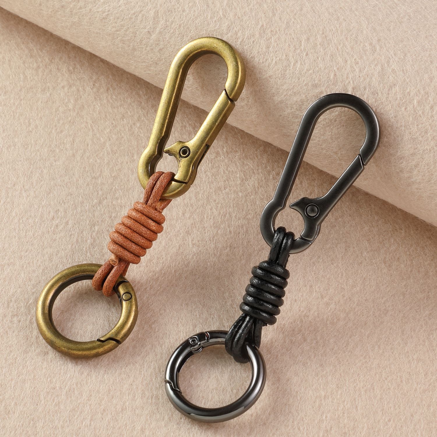 Braided Leather Keychain with Clip and Round Ring, Black or Natural Cord, 5 Finish Combinations