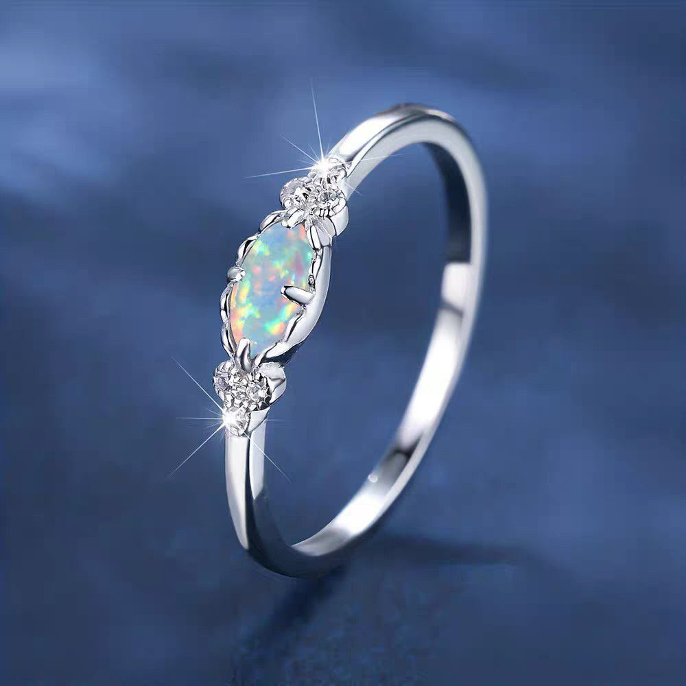 Opal-Style Ring for Women, Silver-Tone Copper Band with Geometric Setting, Sizes 6-10 - Product view 1
