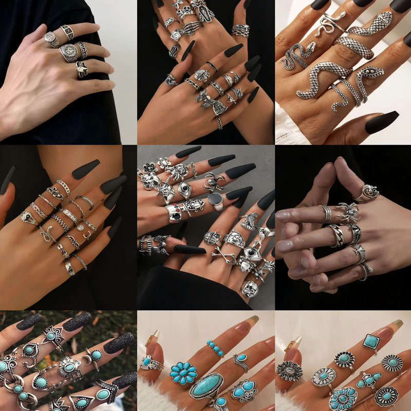 Vintage-Style Rings and Sets, Assorted Silver-Tone, Gold-Tone and Black Skull, Snake and Colored Accent Designs