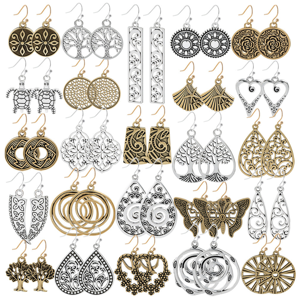 Vintage Earring Sets for Women, Textured Zinc Alloy Hoops and Mixed Shapes, 24-Pair or 25-Pair Options - Z035-24 pair