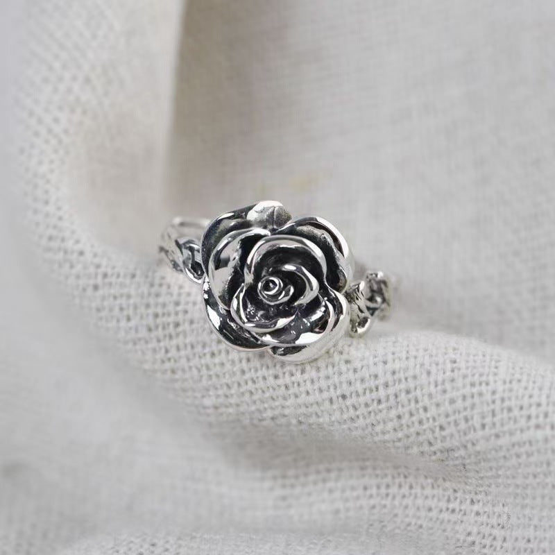 Rose Ring for Women, Antique Silver-Tone Sculpted Flower with Vine-Detail Band