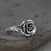 Rose Ring for Women, Antique Silver-Tone Sculpted Flower with Vine-Detail Band